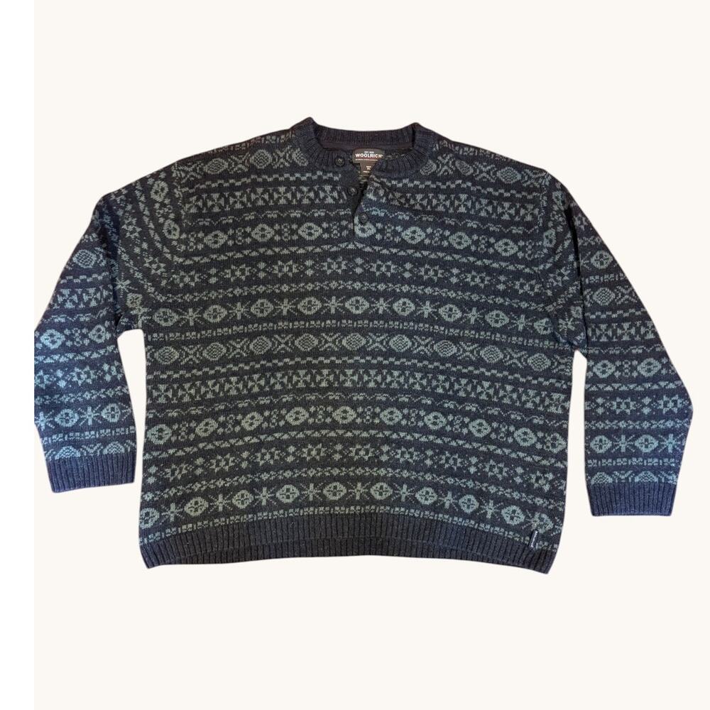 WOOLRICH Vintage Men's Fair Isle Nordic Button-Neck Sweater 2XL Blue